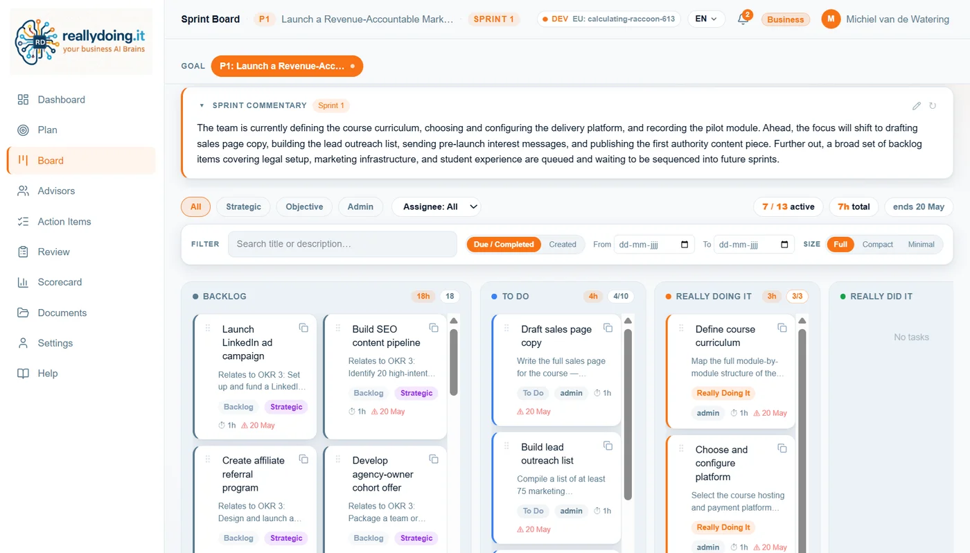 RPM Sprint Board — Backlog, To Do, Really Doing It, Really Did It